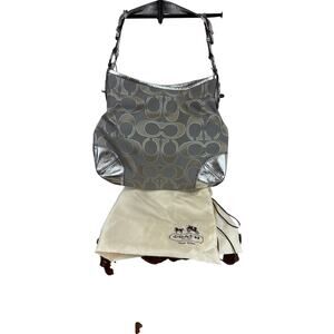 NWT Coach Gray & Silver Signature Tote Bag with Pink Stripe & Dust Bag